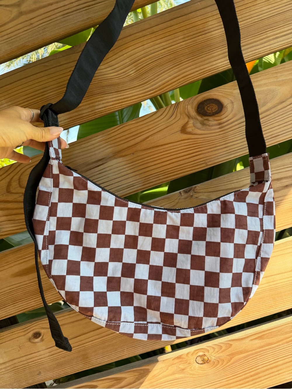 Checkerboard Crescent Shoulder Bag in Brown & baby blue